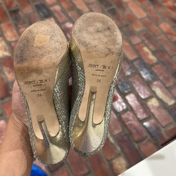 Jimmy Choo Authentic Glitter Fabric Champagne Stiletto Peep Toe Platform… - Picture 13 of 13